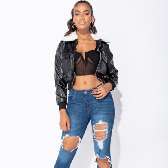 Black Vegan Faux Leather Faux Fur Collar Long Sleeve Bomber Jacket - Picture 5 of 8